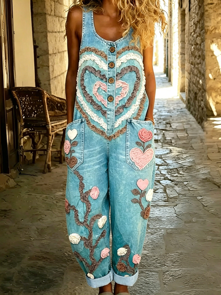 Women's Boho Color Art Print Washed Cotton Denim Patchwork Jumpsuit